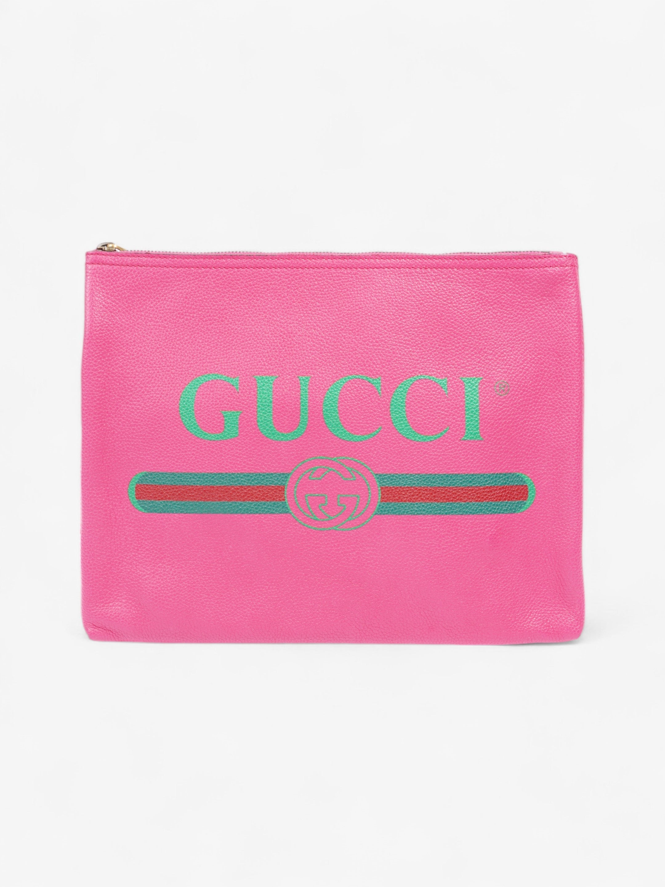 Gucci Vintage Logo Clutch Neon Pink / Green / Red Grained Leather