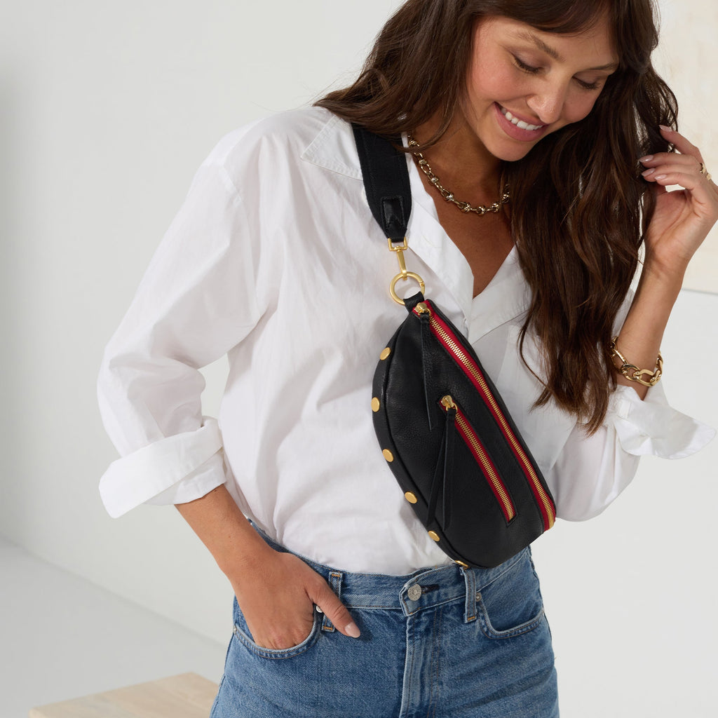 Charles Crossbody | Black/Brushed Gold Red Zip | Med - Short Strap