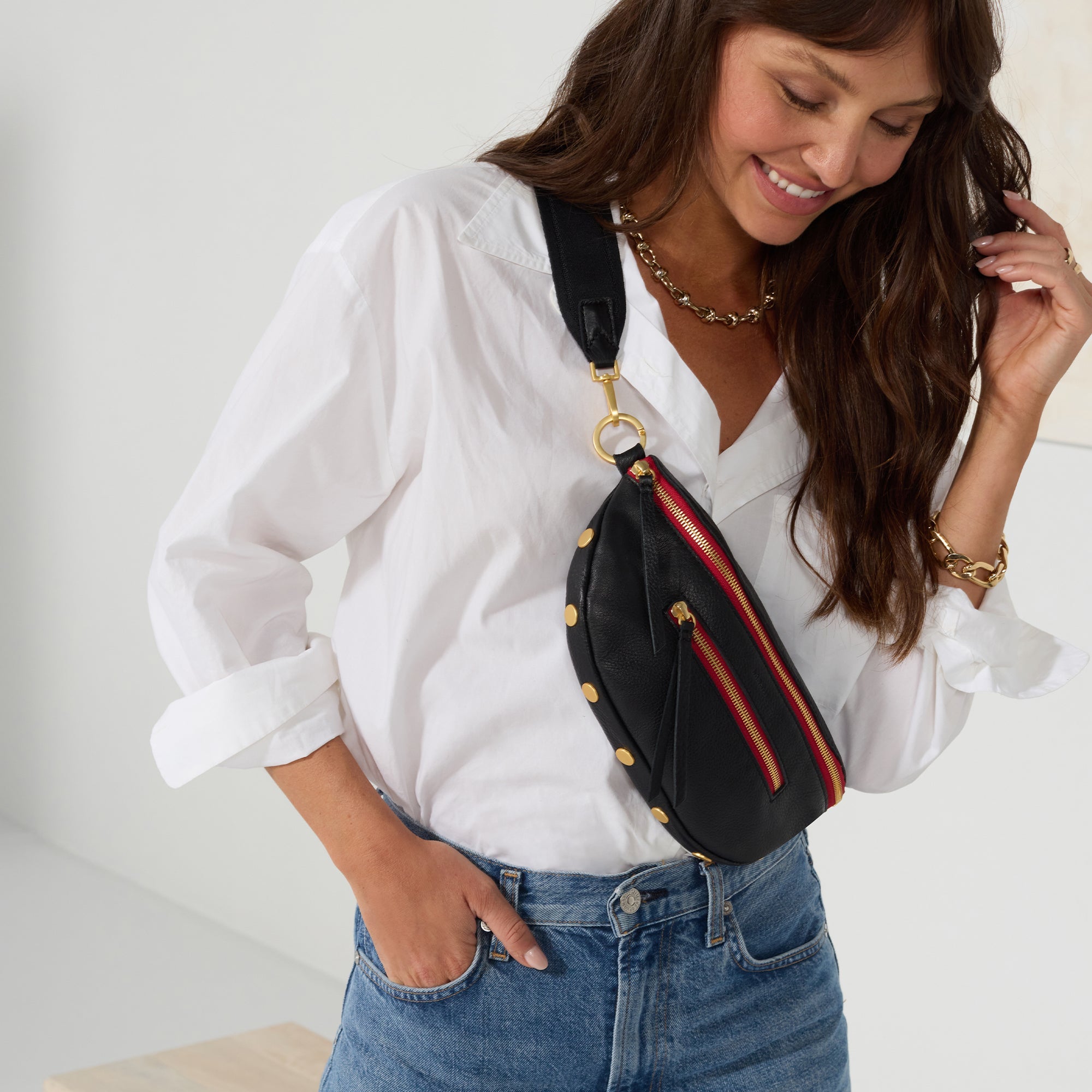Charles Crossbody | Black/Brushed Gold Red Zip | Med - Short Strap