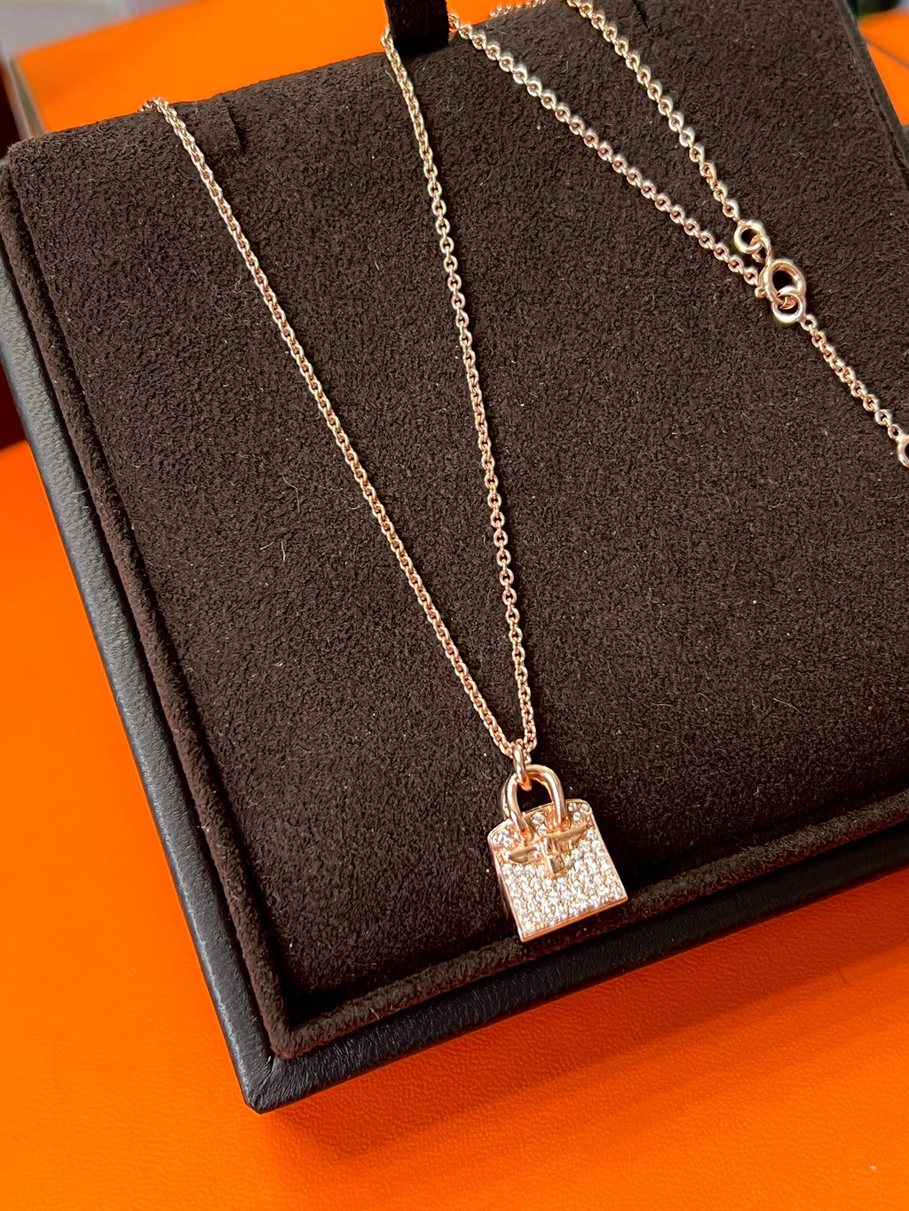 HERMÈS AMULETTES 18K ROSE GOLD DIAMONDS BIRKIN PENDANT NECKLACE