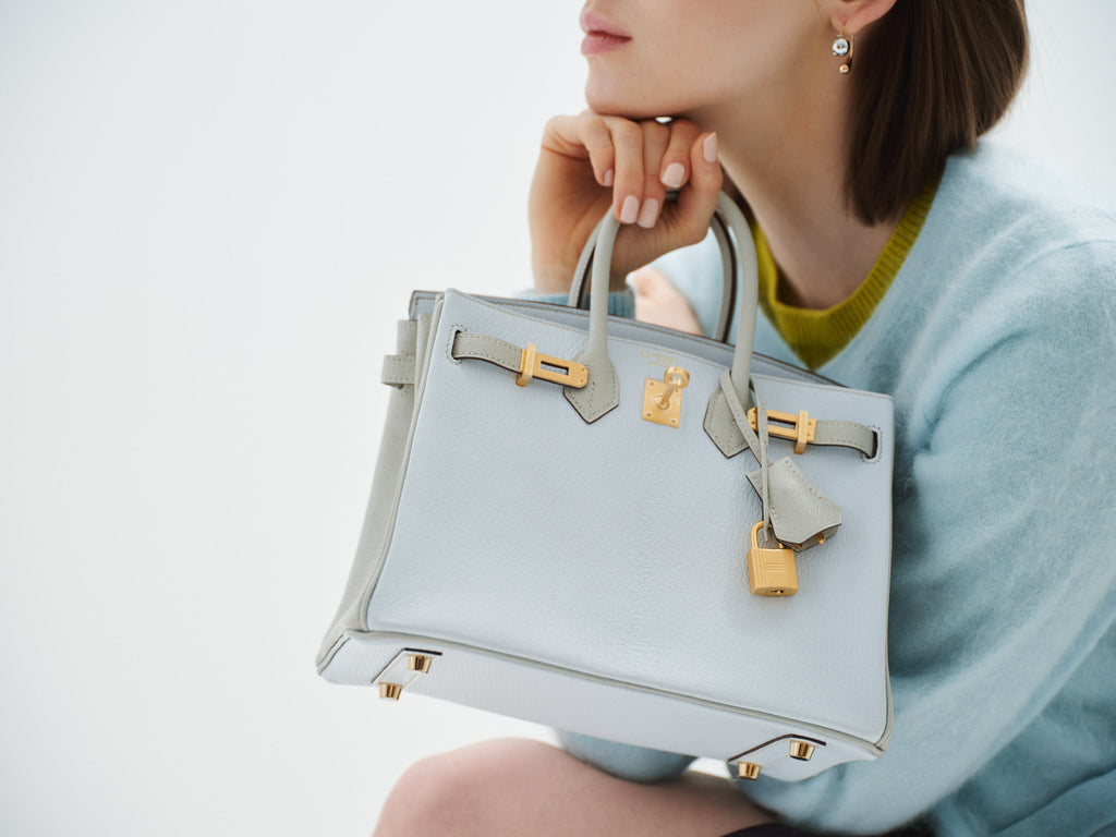 Hermès Birkin 25 HSS Blue Brume and Gris Pale Chèvre with Brushed Gold Hardware