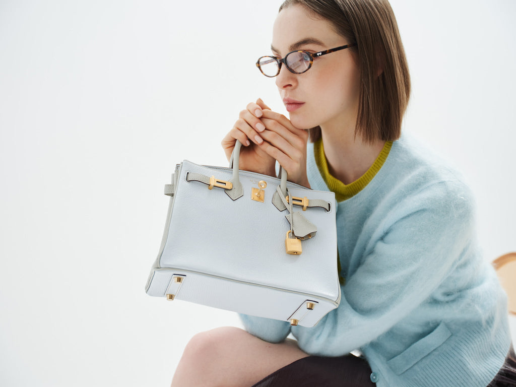 Hermès Birkin 25 HSS Blue Brume and Gris Pale Chèvre with Brushed Gold Hardware