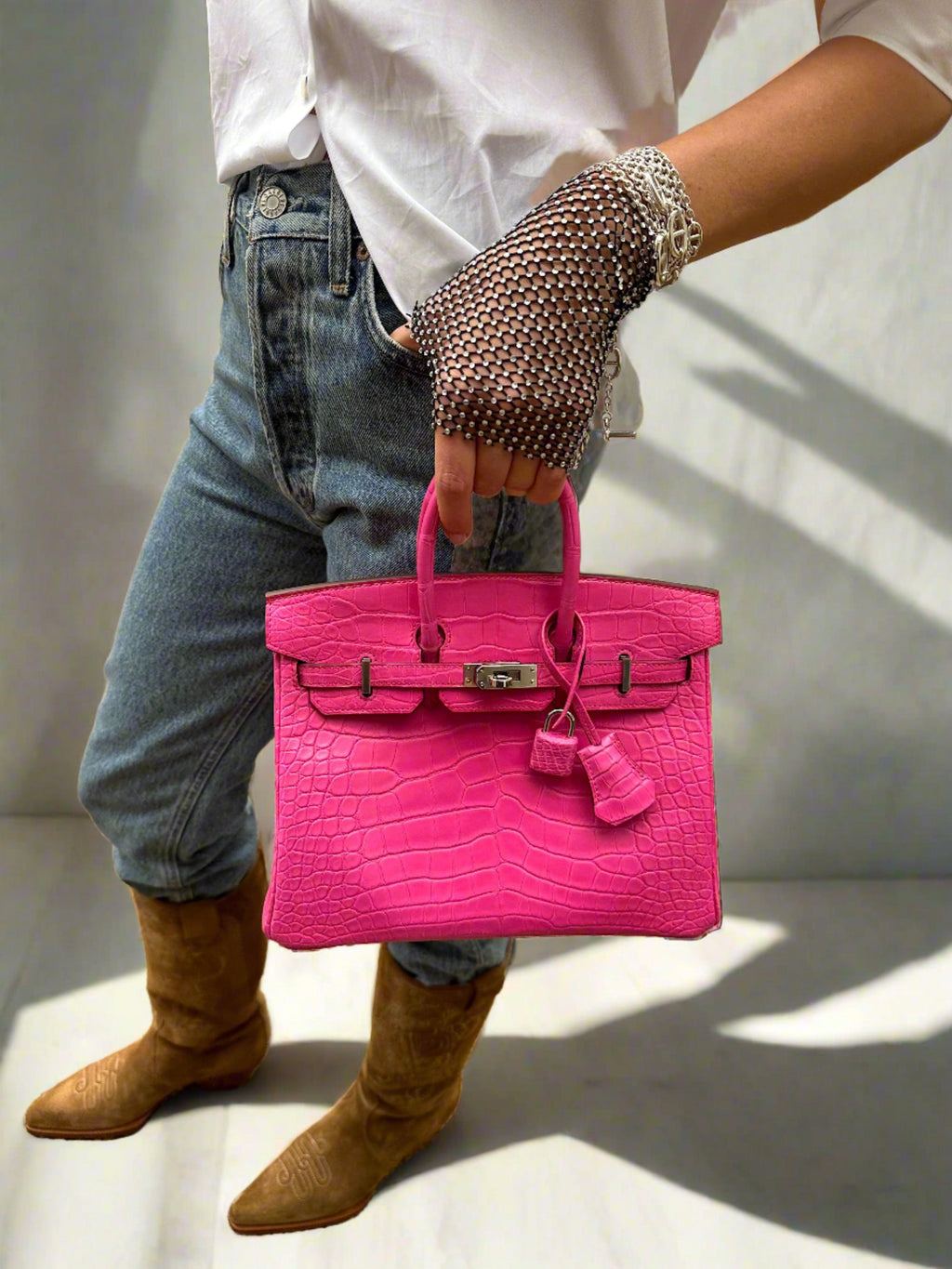 Hermès Birkin 25 Rose Shocking Matte Alligator Palladium Hardware