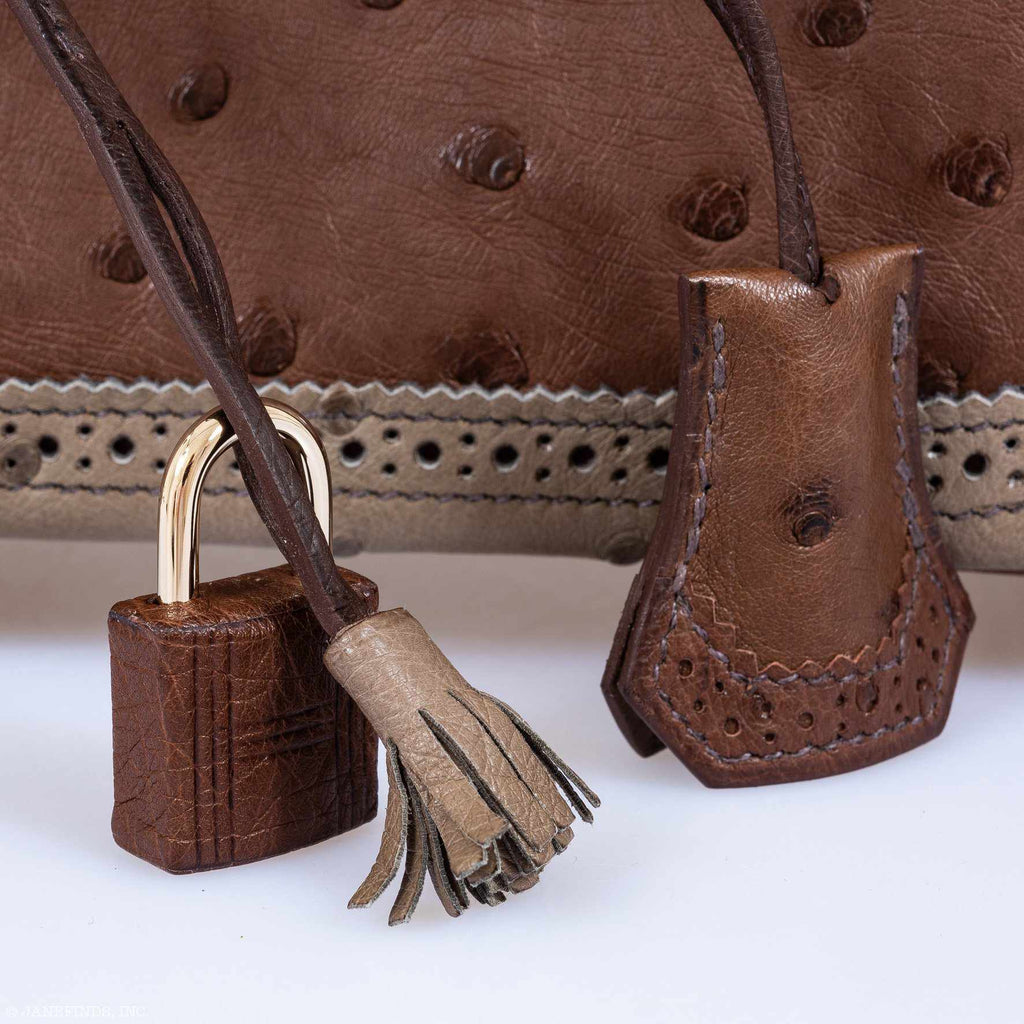 Hermès Birkin 30 Ghillies Marron Fonce, Etrusque, Mousse Ostrich Champagne Gold Hardware