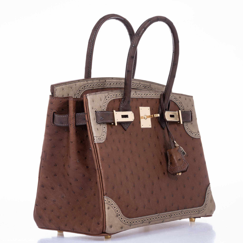 Hermès Birkin 30 Ghillies Marron Fonce, Etrusque, Mousse Ostrich Champagne Gold Hardware