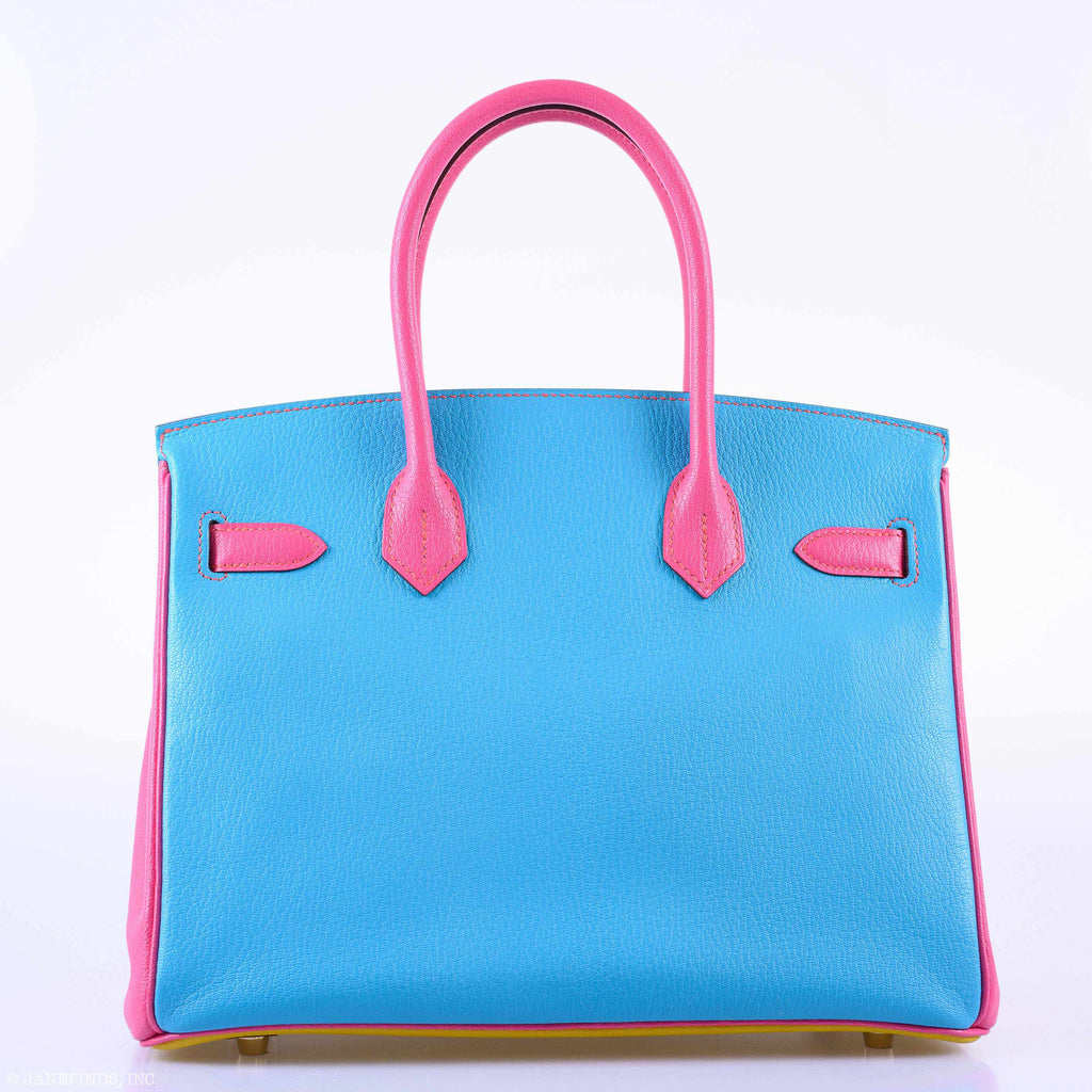 Hermès Birkin 30 HSS Rose Lipstick, Blue Aztec & Cumin Chevre Leather Brushed Gold Hardware - 2014, R Squared