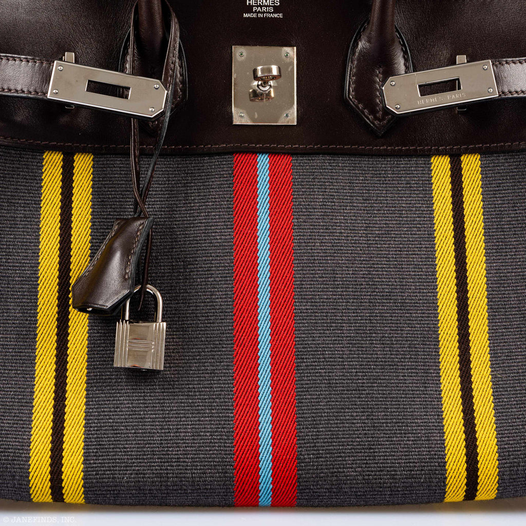 Hermès Birkin 30 Marron Fonce Calf & Colorful Wool Jumping Canvas Palladium Hardware