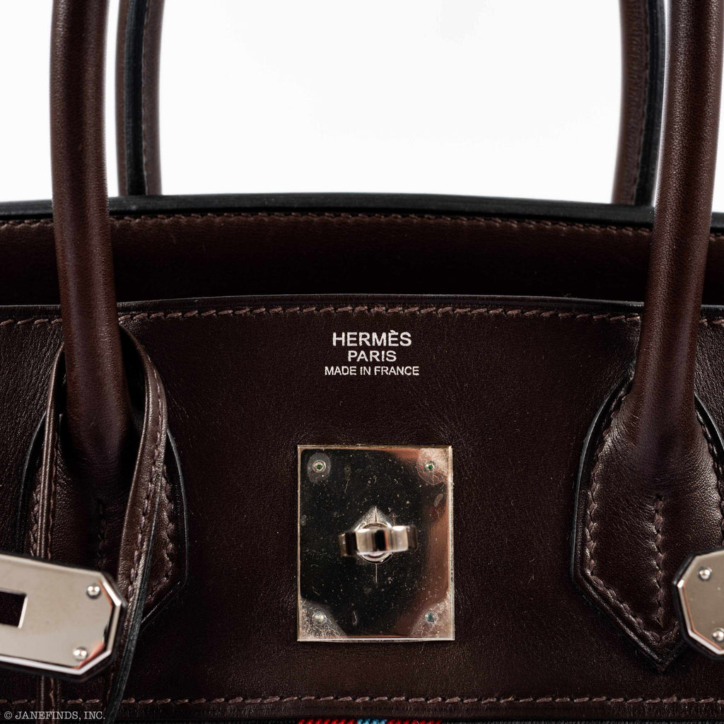 Hermès Birkin 30 Marron Fonce Calf & Colorful Wool Jumping Canvas Palladium Hardware