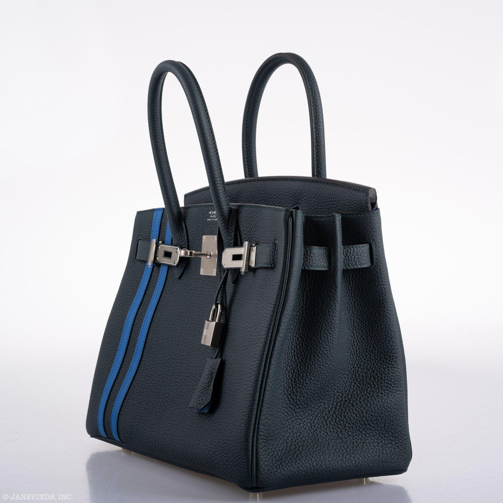 Hermès Birkin 30 Officier Vert Cyprès Togo & Bleu Zellige Stripe & Lining Palladium Hardware