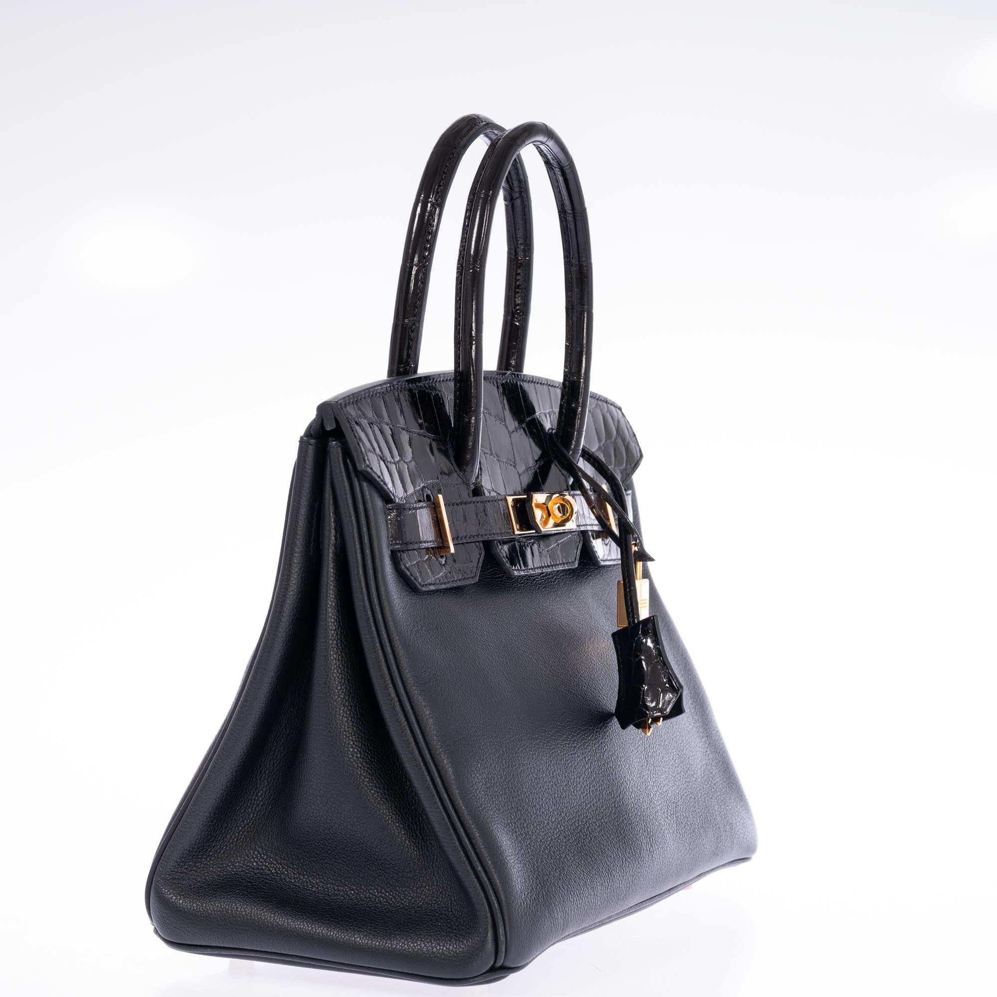 Hermès Birkin 30 Touch Black Shiny Niloticus Crocodile and Novillo Gold Hardware