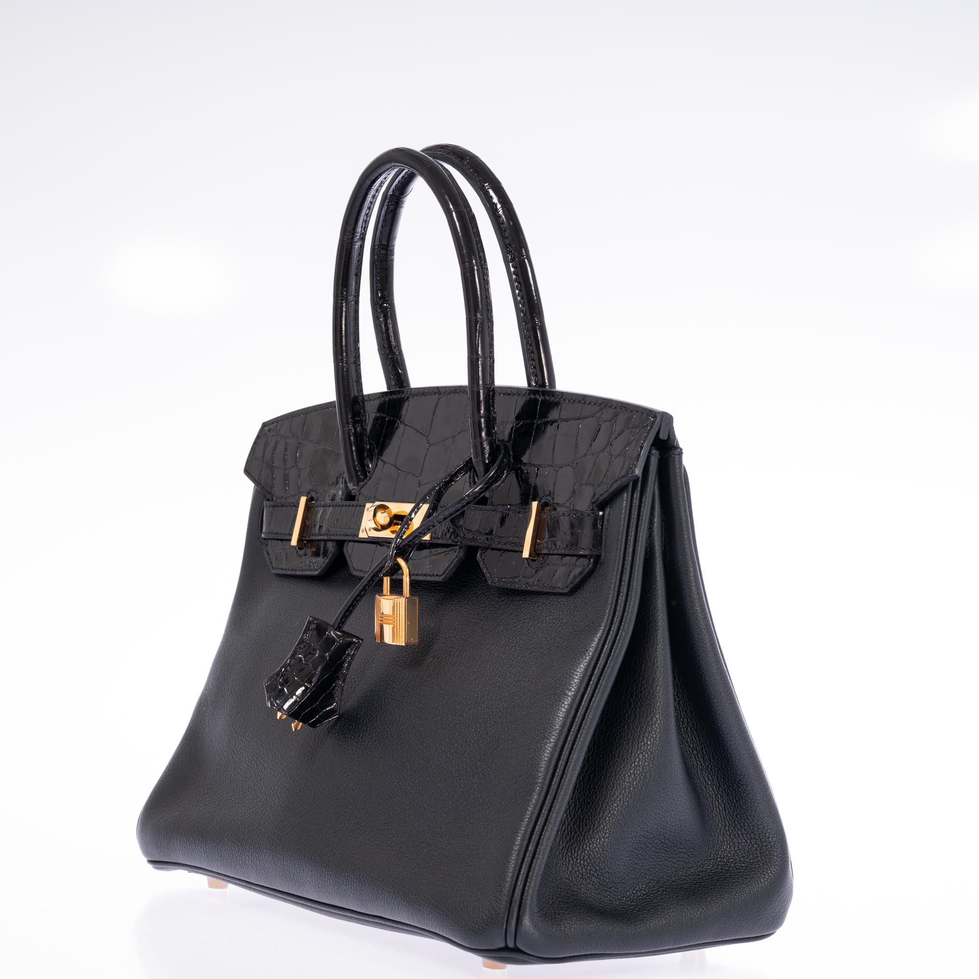 Hermès Birkin 30 Touch Black Shiny Niloticus Crocodile and Novillo Gold Hardware