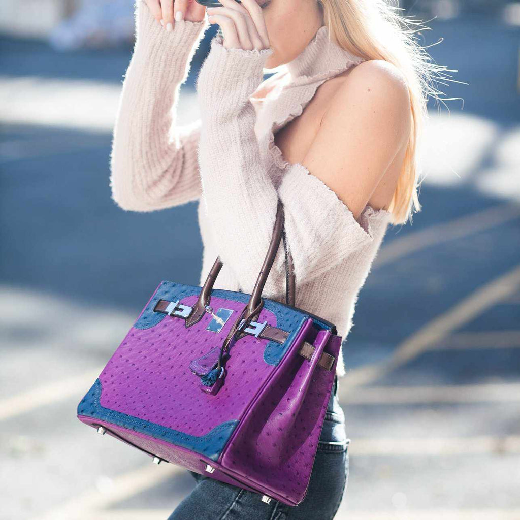 Hermès Birkin 30 Tri Color Ostrich Violine Blue De Malt And Marron Palladium Hardware