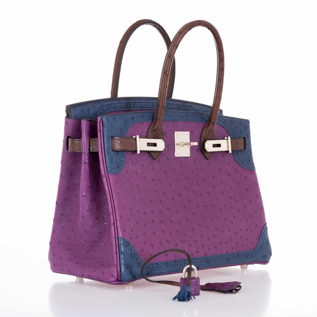 Hermès Birkin 30 Tri Color Ostrich Violine Blue De Malt And Marron Palladium Hardware