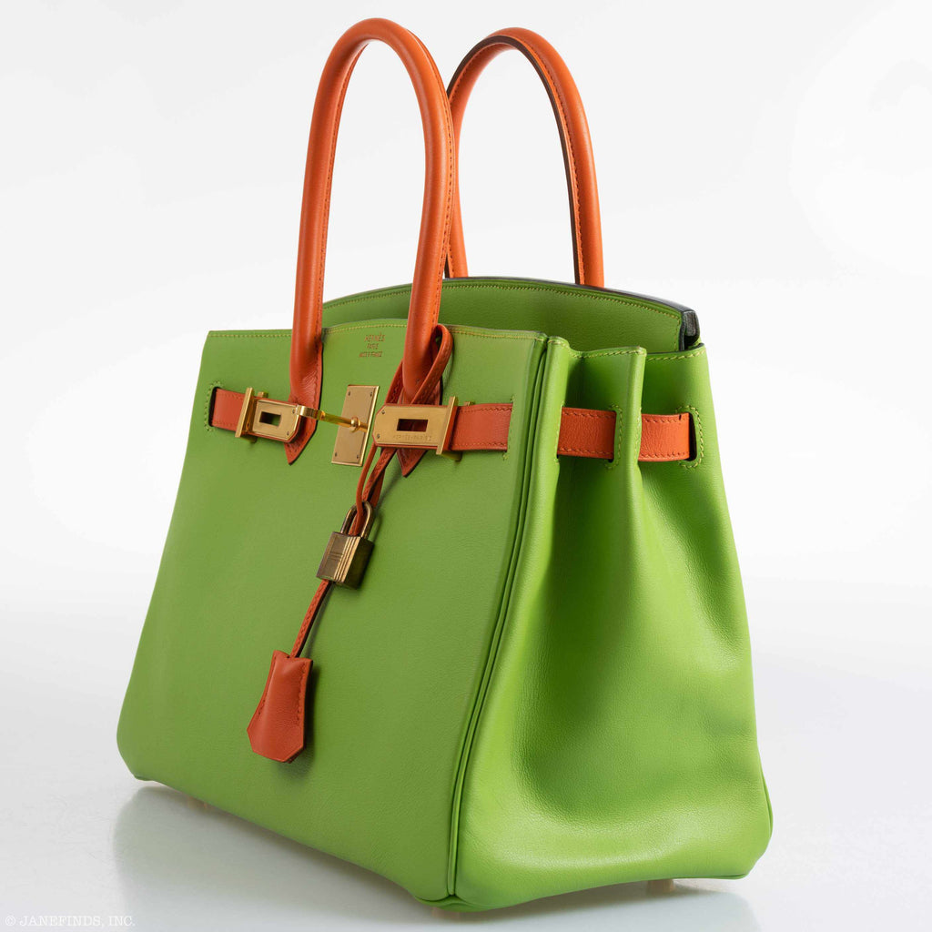Hermès Birkin 30 Vert Cru & Orange H Gulliver Leather Gold Hardware - 1998