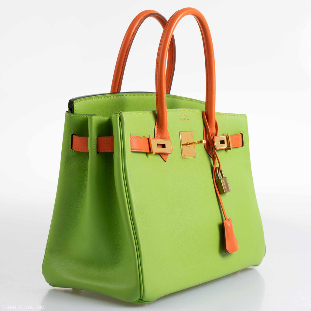 Hermès Birkin 30 Vert Cru & Orange H Gulliver Leather Gold Hardware - 1998