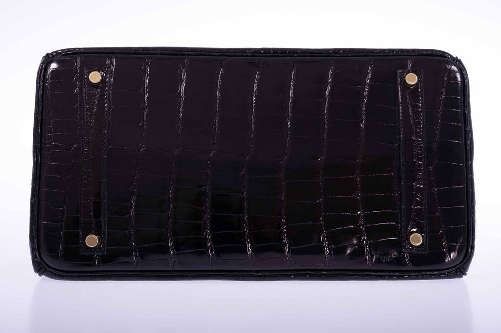 Hermès Birkin 35 Black Shiny Porosus Crocodile 18K Yellow Gold and Diamond Hardware