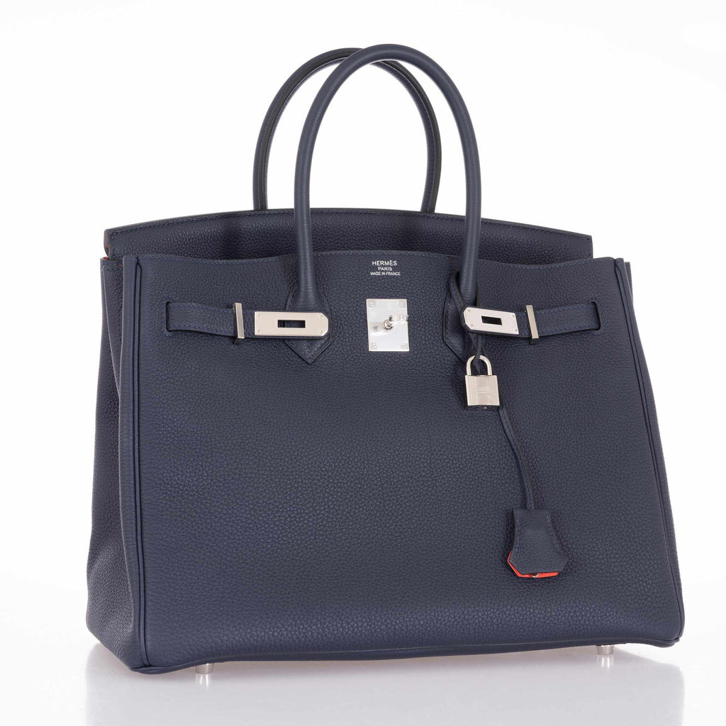 Hermès Birkin 35 Blue Nuit Verso Orange Poppy Togo Palladium Hardware