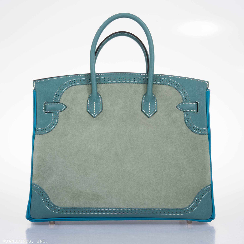 Hermès Birkin 35 Ghillies Turquoise, Ciel Evergrain, Veau Doblis Suede Palladium Hardware - Special Edition