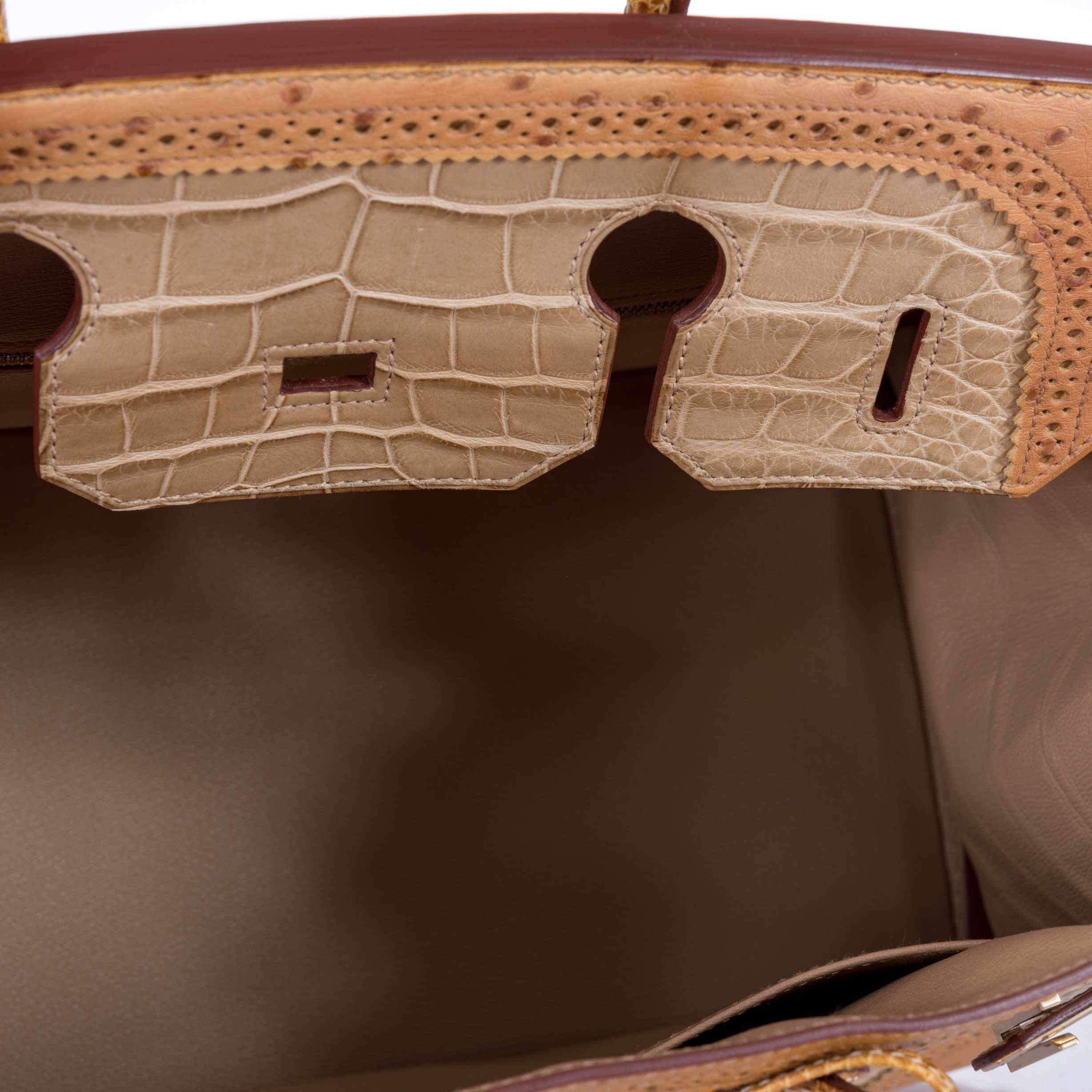 Hermès Birkin 35 Tri-Exotic Beige Alligator Ostrich Lizard Permabrass Hardware