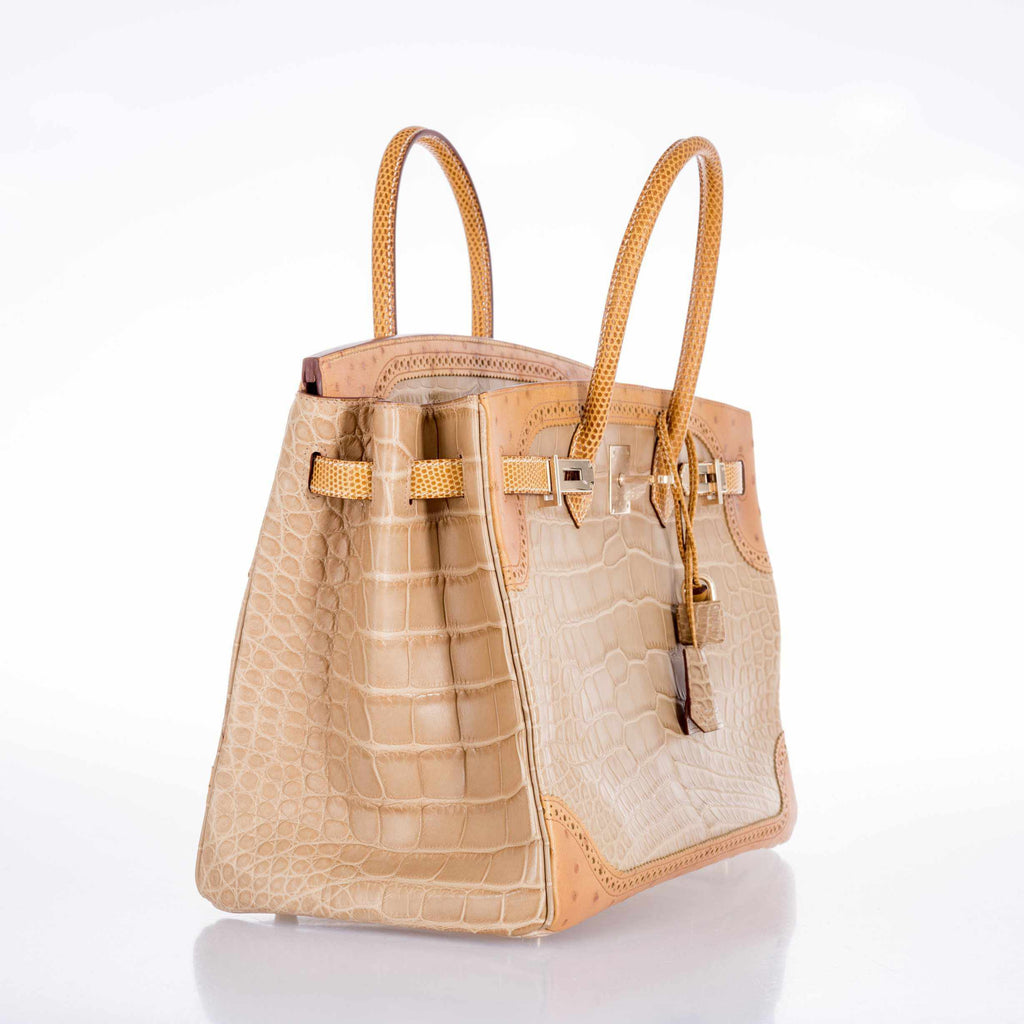 Hermès Birkin 35 Tri-Exotic Beige Alligator Ostrich Lizard Permabrass Hardware