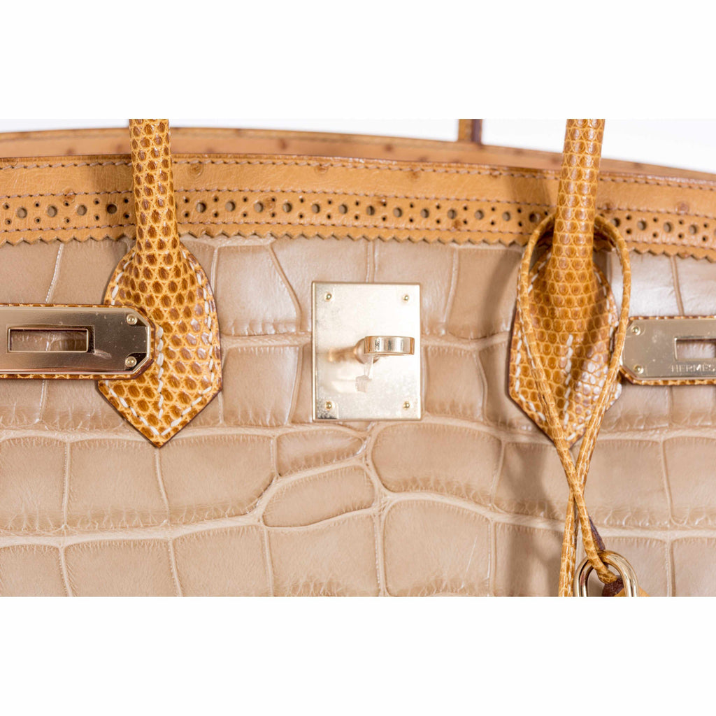 Hermès Birkin 35 Tri-Exotic Beige Alligator Ostrich Lizard Permabrass Hardware