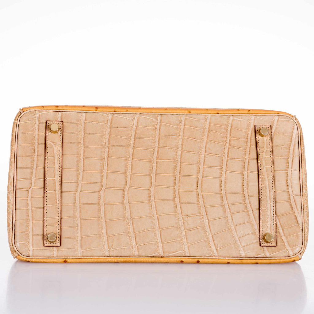 Hermès Birkin 35 Tri-Exotic Beige Alligator Ostrich Lizard Permabrass Hardware