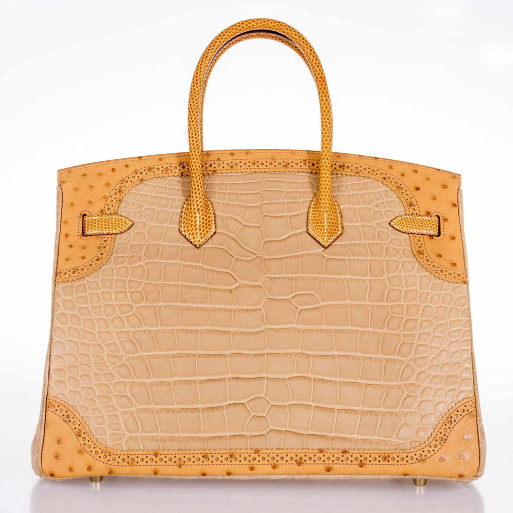 Hermès Birkin 35 Tri-Exotic Beige Alligator Ostrich Lizard Permabrass Hardware