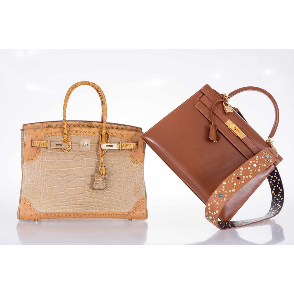 Hermès Birkin 35 Tri-Exotic Beige Alligator Ostrich Lizard Permabrass Hardware