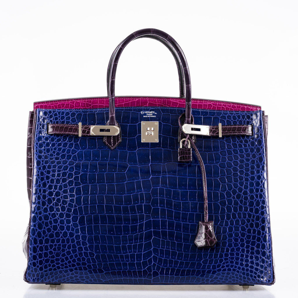 Hermès Birkin 40 Blue Electric, Rose Scheherazade, and Cassis Shiny Porosus Crocodile Palladium Hardware