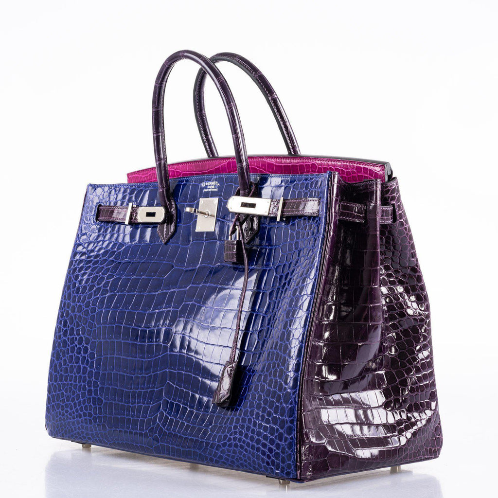 Hermès Birkin 40 Blue Electric, Rose Scheherazade, and Cassis Shiny Porosus Crocodile Palladium Hardware
