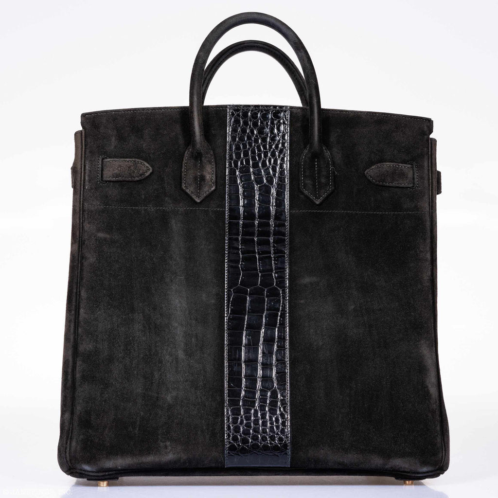 Hermès Birkin 40 HAC Black Doblis Suede and Crocodile Gold Hardware