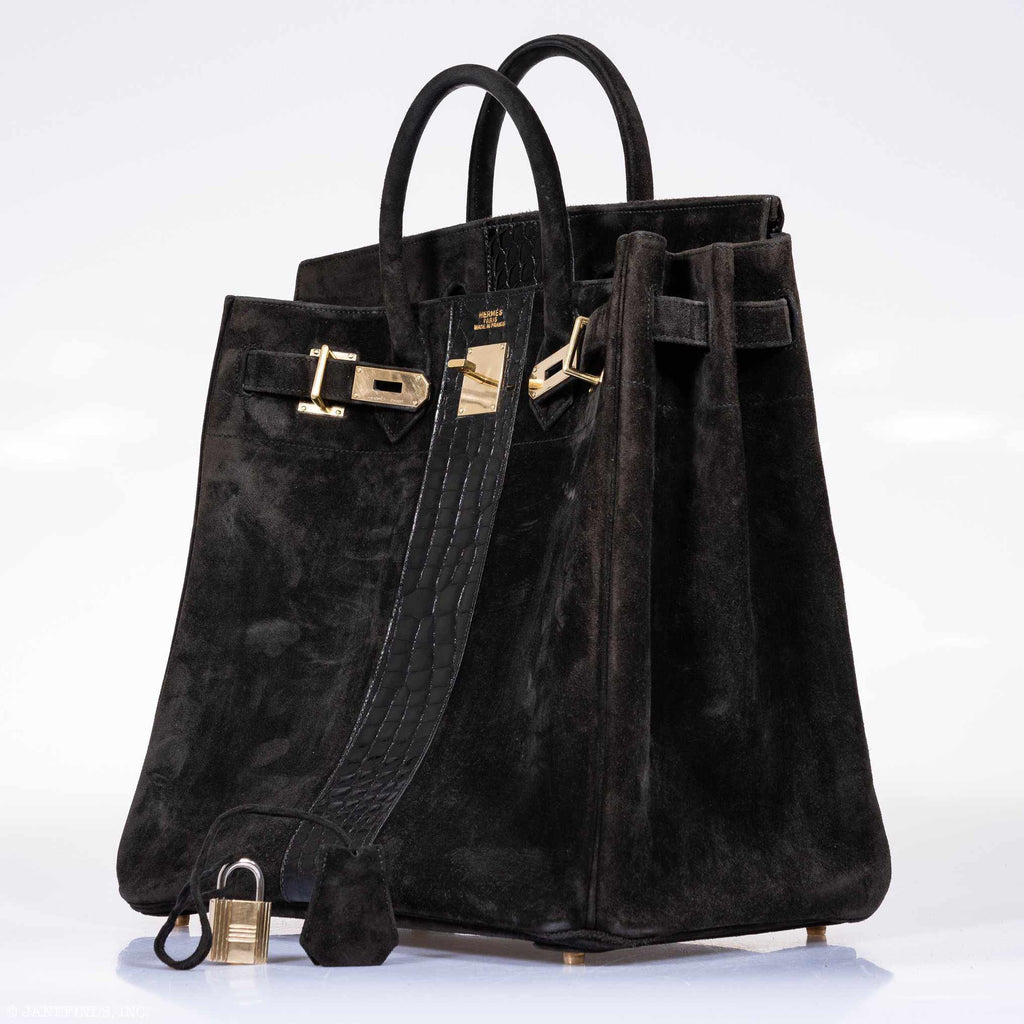 Hermès Birkin 40 HAC Black Suede & Crocodile Gold Hardware - Rare
