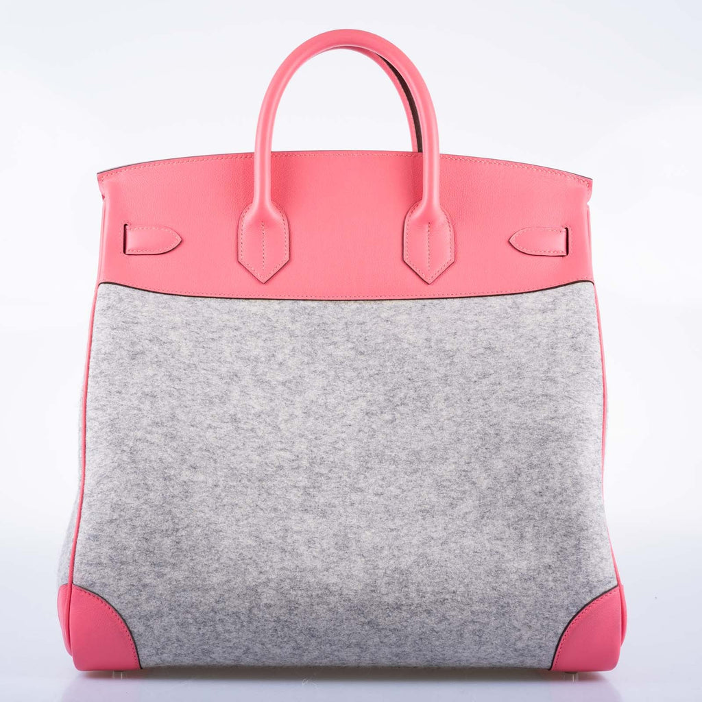 Hermès Birkin 40 HAC Rose Azalée Evercolor leather and Gris Clair Wool Toudou Palladium Hardware