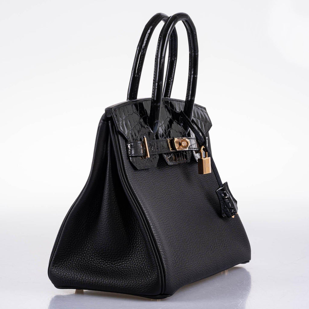 Hermès Birkin Touch 30 Black Novillo & Niloticus Crocodile Rose Gold Hardware