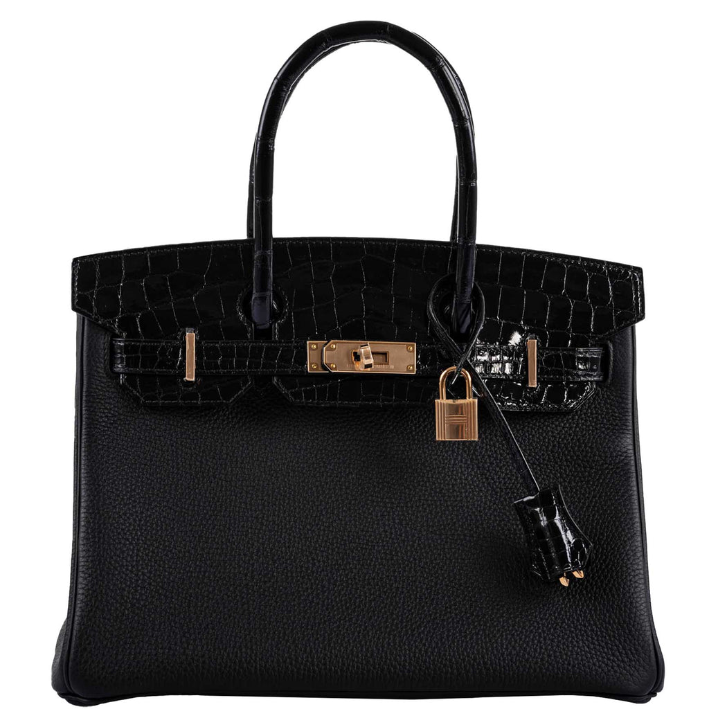 Hermès Birkin Touch 30 Black Novillo & Niloticus Crocodile Rose Gold Hardware
