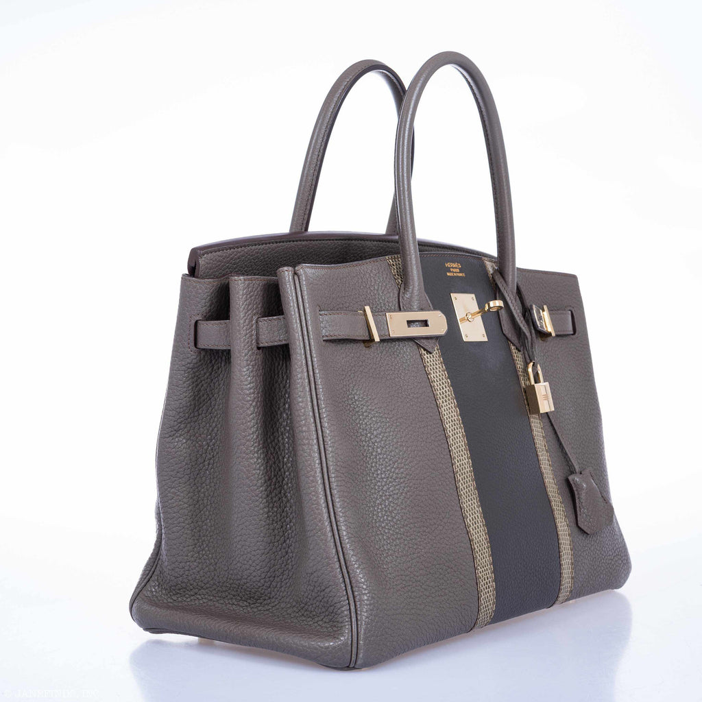 Hermès Club Birkin 35 Tri-Color Etain & Graphite Clemence, Gris Fonce Lizard Permabrass Hardware