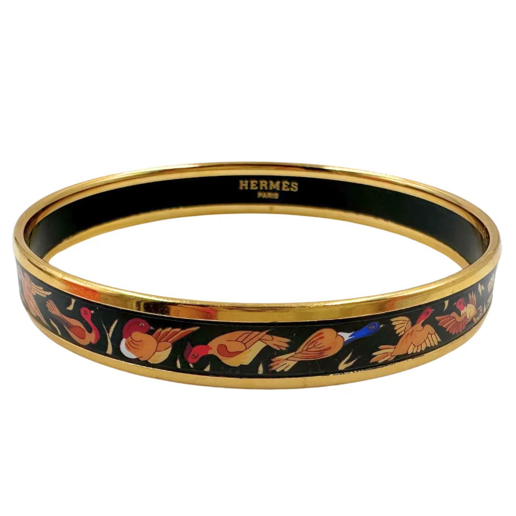 HERMÈS ENAMEL CLOISONNE NARROW 18K GOLD PLATED BANGLE BRACELET PM