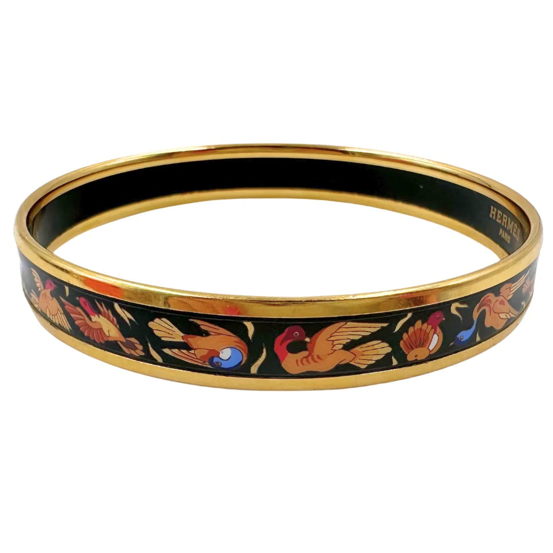 HERMÈS ENAMEL CLOISONNE NARROW 18K GOLD PLATED BANGLE BRACELET PM