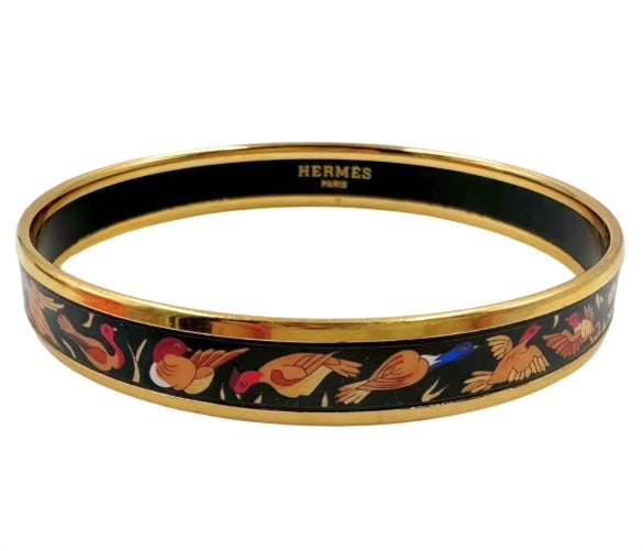 HERMÈS ENAMEL CLOISONNE NARROW 18K GOLD PLATED BANGLE BRACELET PM