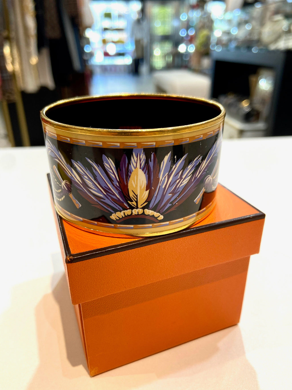 HERMÈS ENAMEL & 18K GOLD PLATED BRAZIL WIDE BANGLE BRACELET