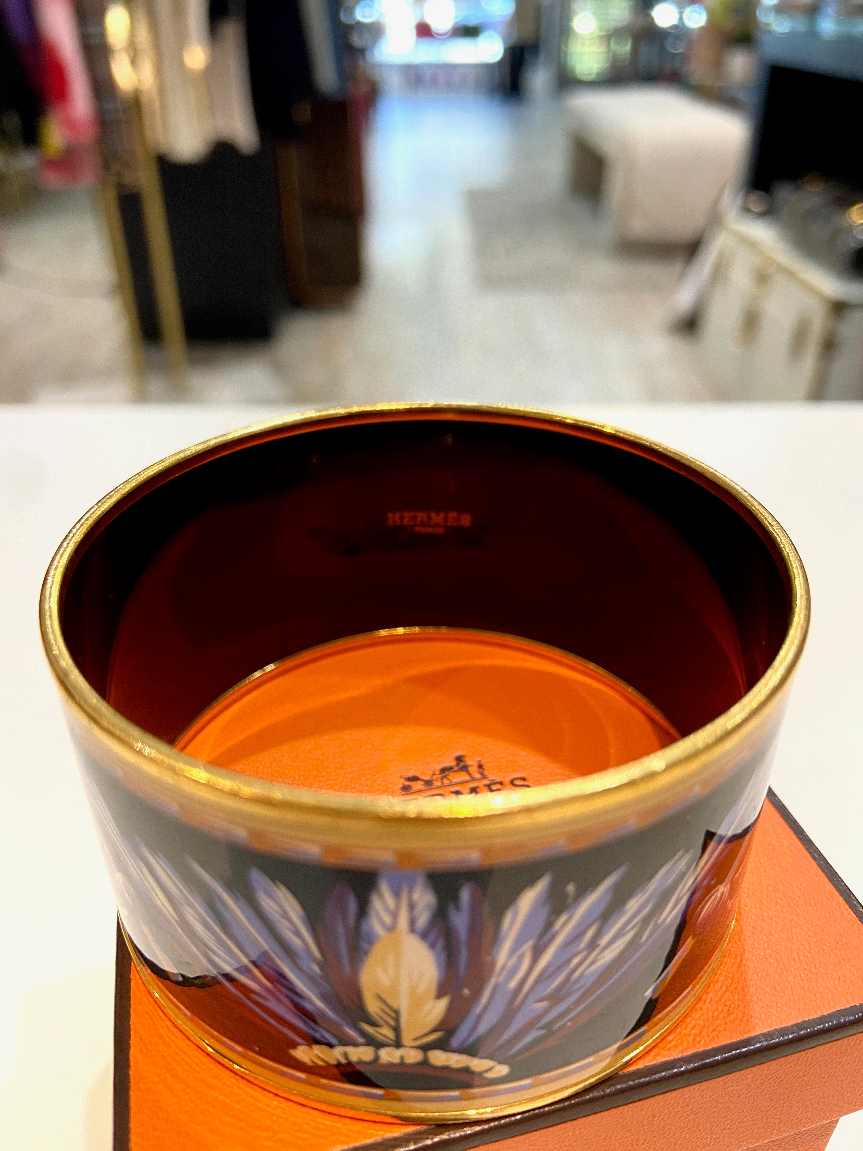 HERMÈS ENAMEL & 18K GOLD PLATED BRAZIL WIDE BANGLE BRACELET