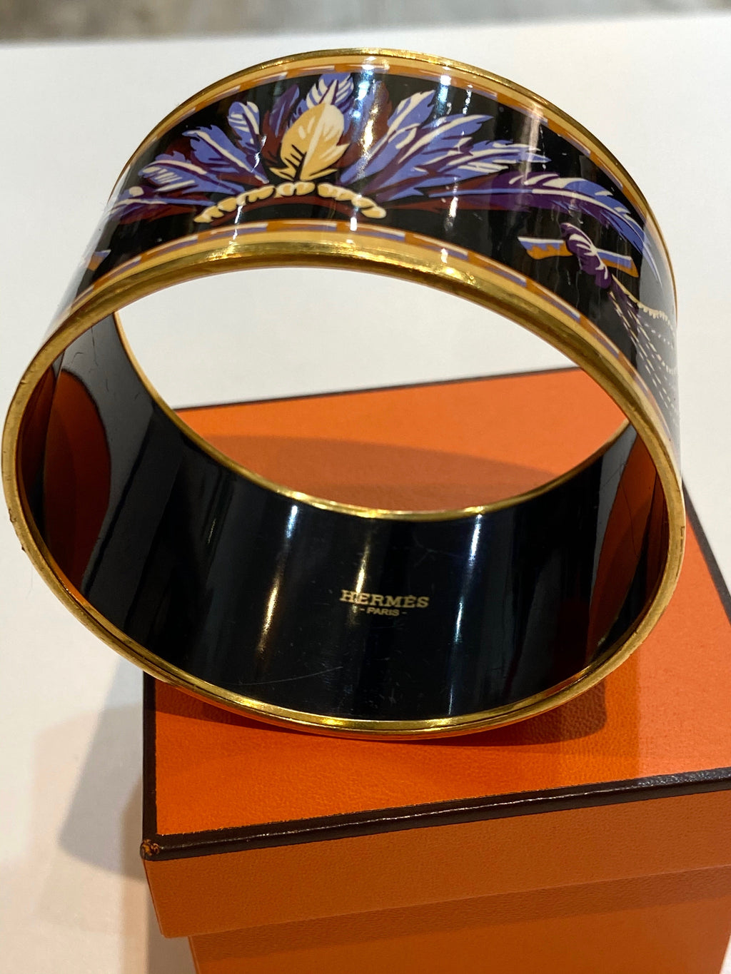 HERMÈS ENAMEL & 18K GOLD PLATED BRAZIL WIDE BANGLE BRACELET