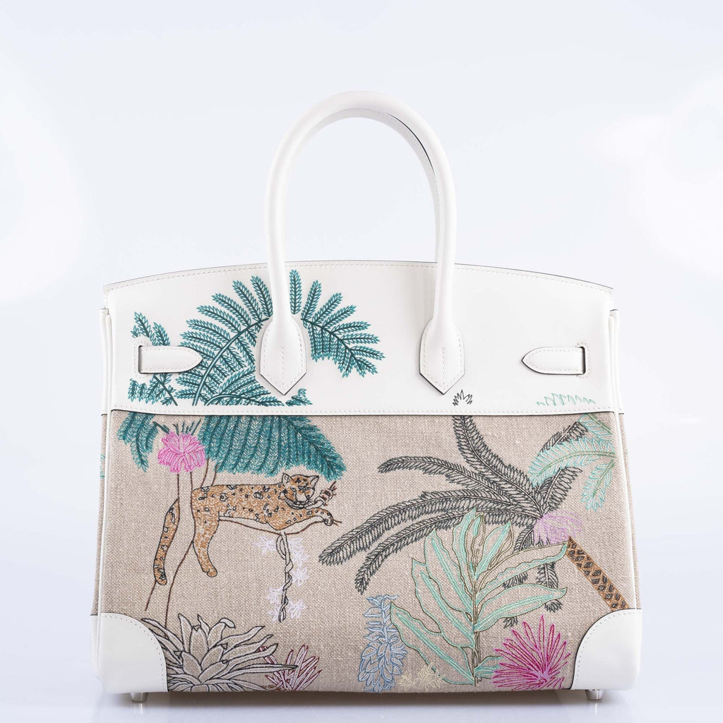Hermès Faubourg Tropical Birkin 35 Embroidered Toile de Camp and White Swift Palladium Hardware