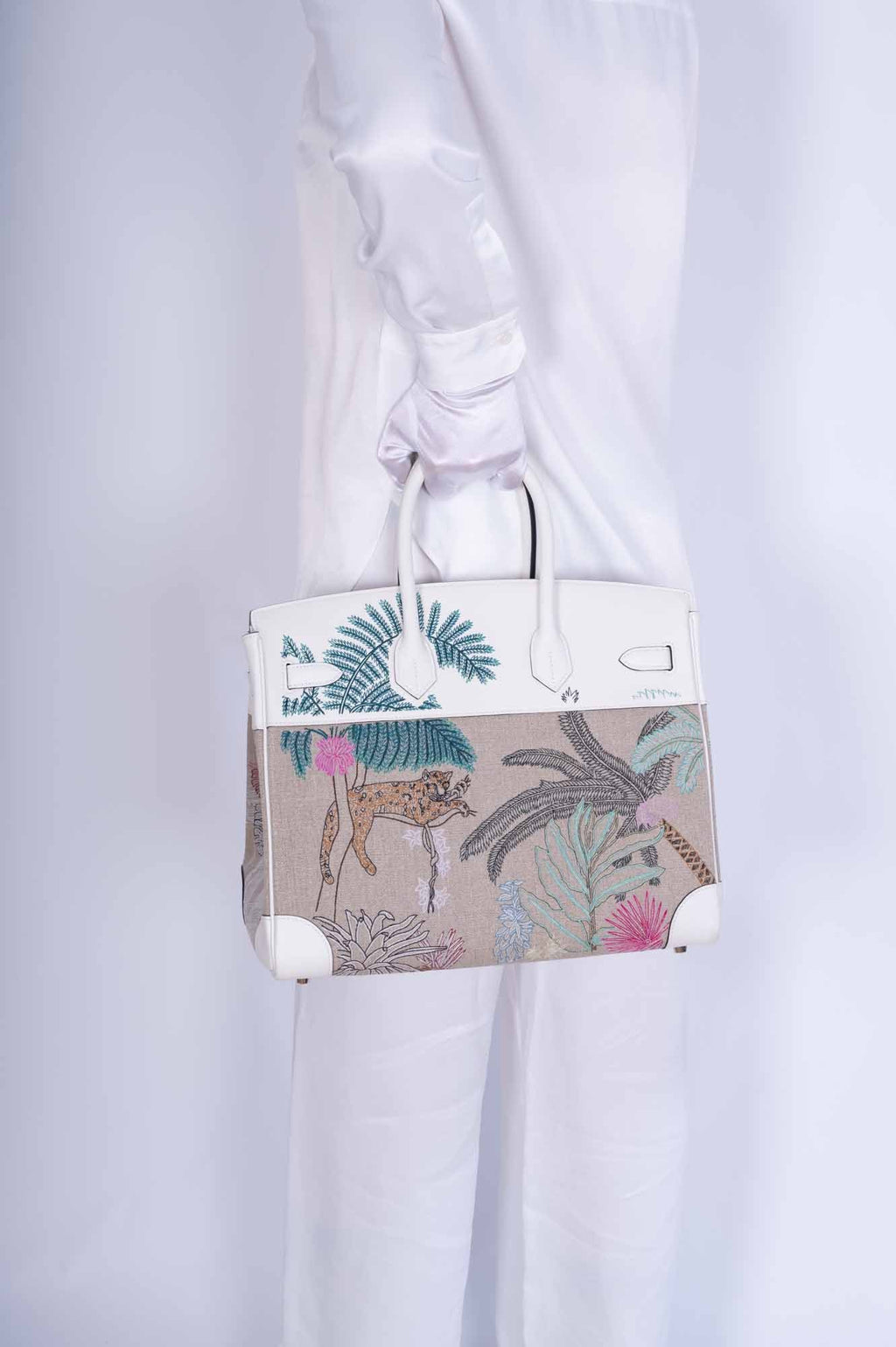 Hermès Faubourg Tropical Birkin 35 Embroidered Toile de Camp and White Swift Palladium Hardware