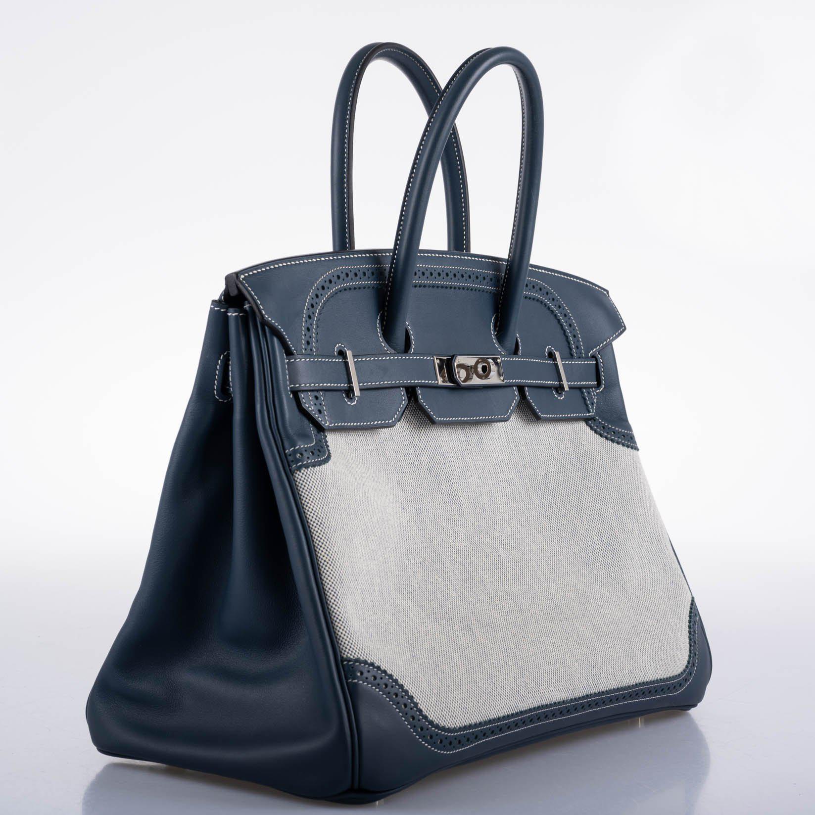 Hermès Ghillies Birkin 35 Blue de Prusse Swift & Toile with Palladium Hardware - 2014, R Square