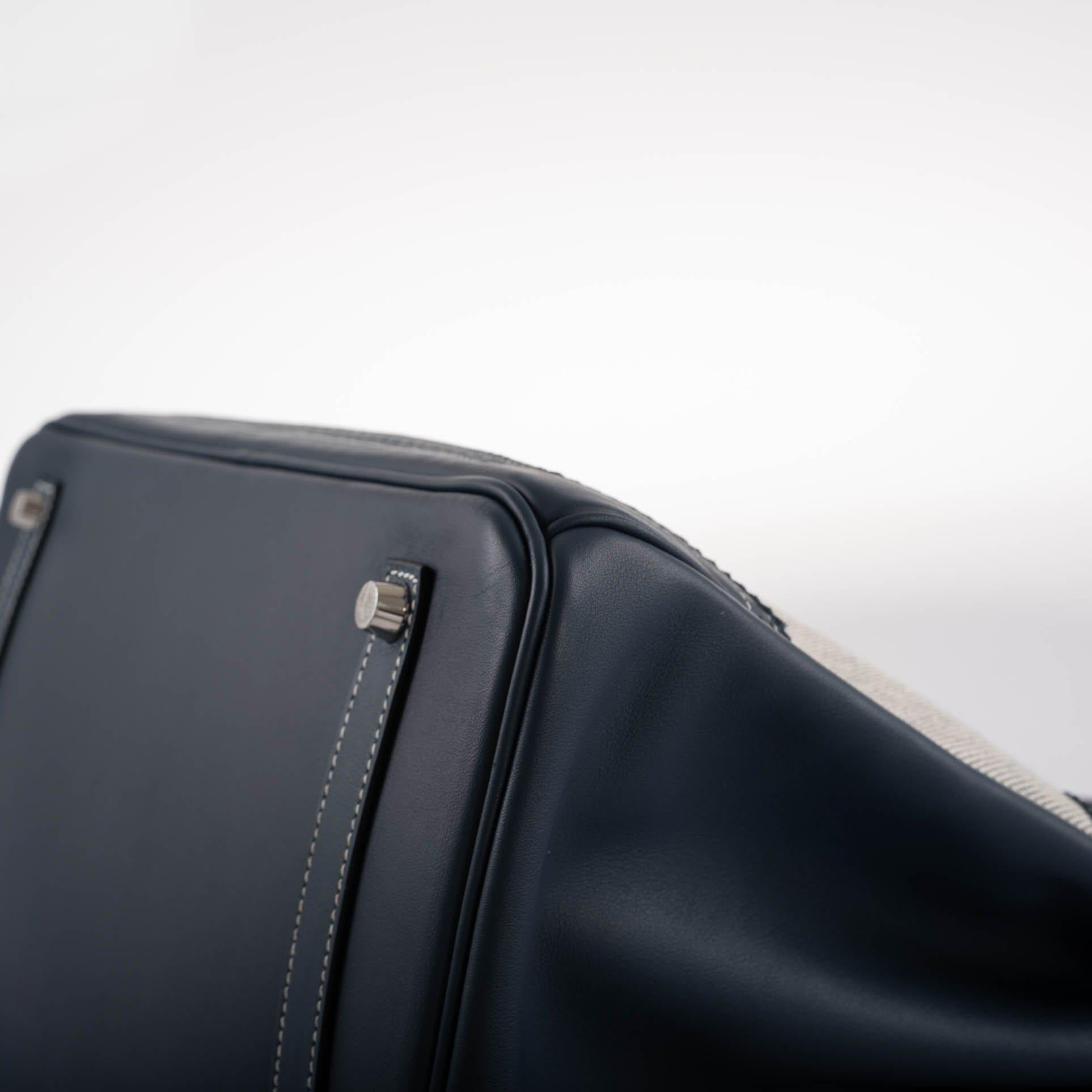 Hermès Ghillies Birkin 35 Blue de Prusse Swift & Toile with Palladium Hardware - 2014, R Square