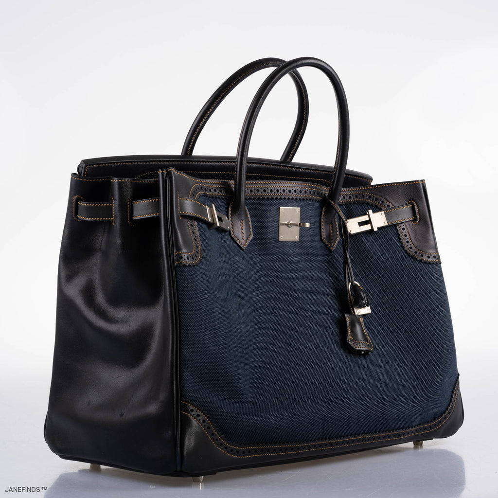 Hermès Ghillies Birkin 40 Indigo Denim and Black Tadelakt Brushed Palladium Hardware