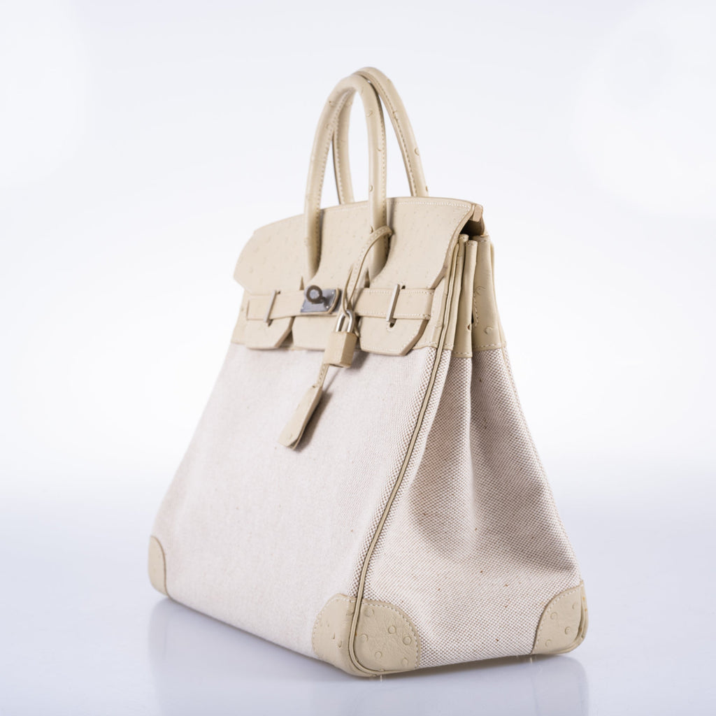Hermès HAC Birkin 32 Parchemin Ostrich and Toile Brushed Palladium Hardware