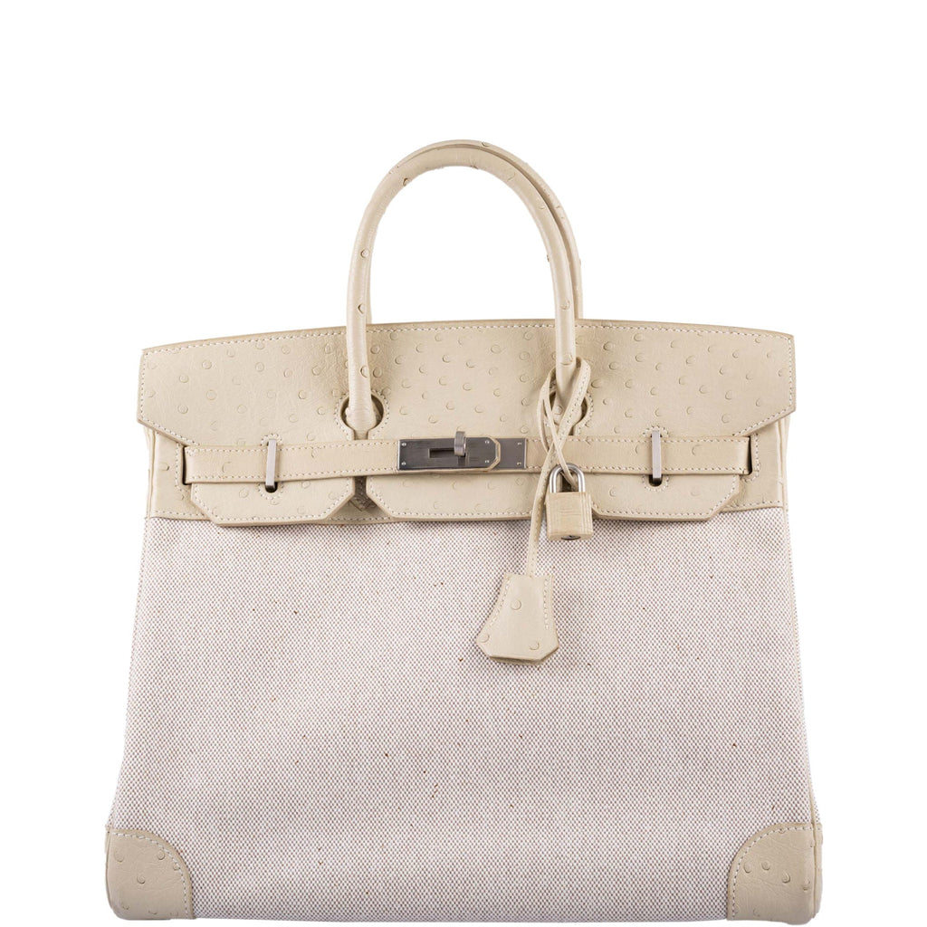 Hermès HAC Birkin 32 Parchemin Ostrich and Toile Brushed Palladium Hardware
