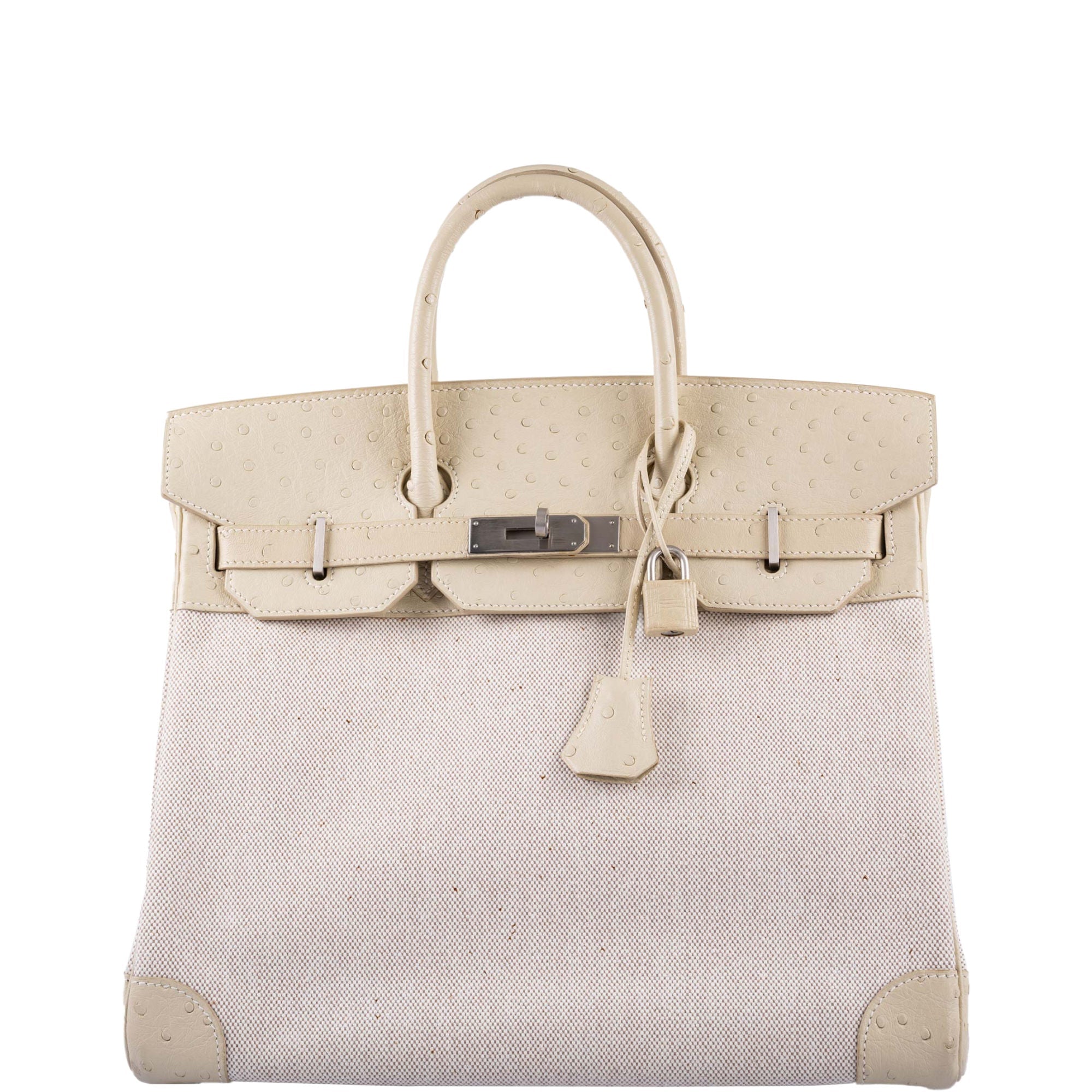 Hermès HAC Birkin 32 Parchemin Ostrich and Toile Brushed Palladium Hardware